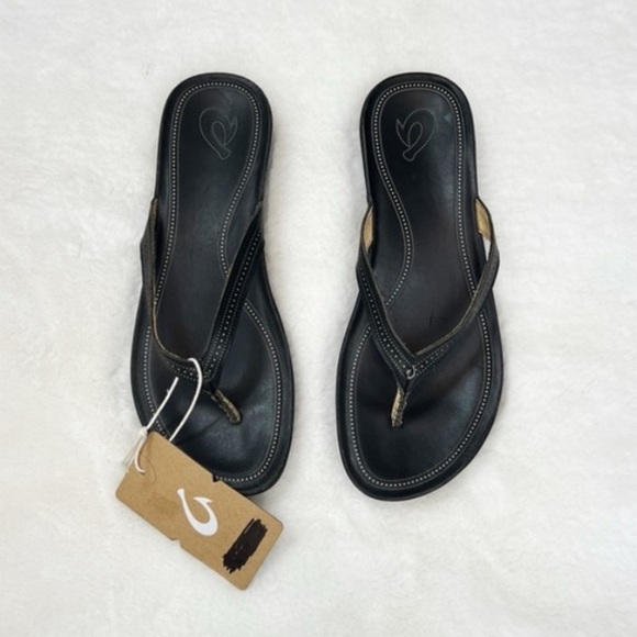 NWT OluKai Ola Leather Platform Flip Flop Sandals in Black - Picture 4 of 8
